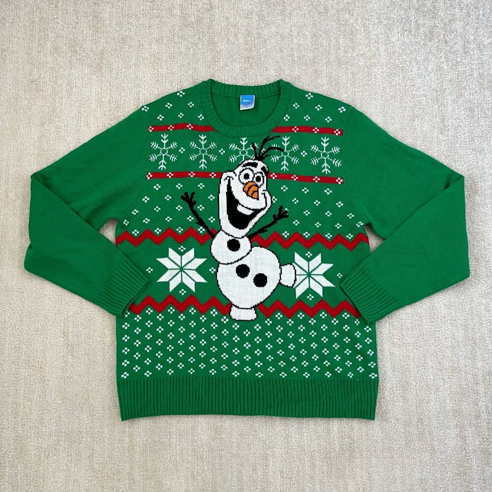 Disney Adult Frozen Olaf Green Crewneck Ugly Christmas Holiday Sweater XL